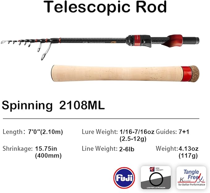 PURELURE Travel Telescopic Fishing Rods, Short Collapsible Fishing Pole Spinning Casting, 24+30 Ton Carbon Fiber, GUJI New O-Ring, Detachable Cork Handle, Multi-Action Guide Ring System