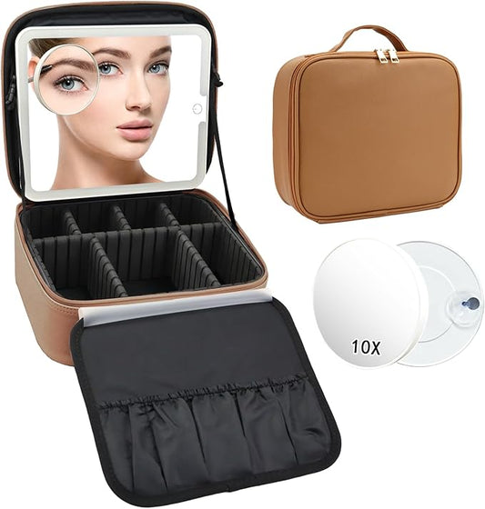 Travel Makeup Bag with LED Mirror and 10x magnifying glass with 3 Lighted Settings, Adjustable Dividers and Makeup Brush Storage Bag Brown