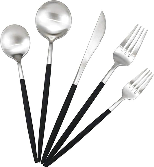 Gugrida Black Handle Matte Silver Silverware Set - 5-Piece 18/10 Stainless Steel Satin Finish Flatware, Kitchen Utensils, Tableware Travel Cutlery for Camping Office Lunch - Dishwasher Safe