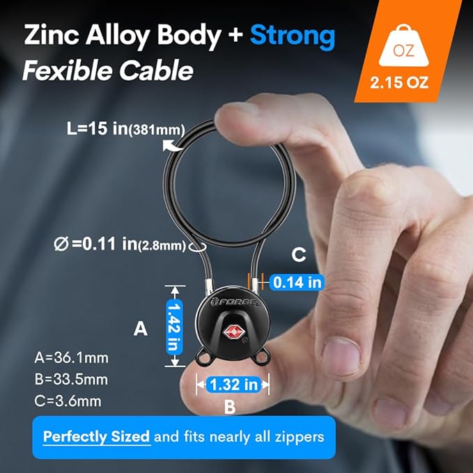 Forge TSA Approved Luggage Locks, Ultra-Secure Dimple Key Travel Lock, Extra long-15'' Cable Locks with Zinc Alloy Body