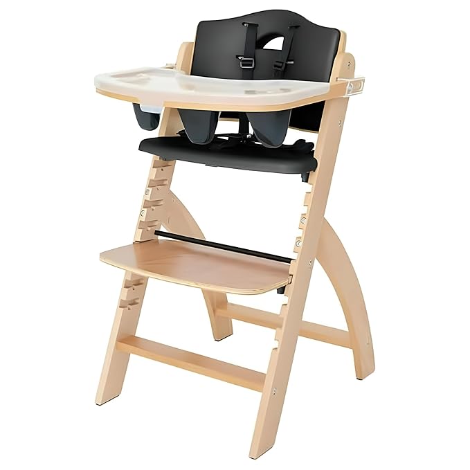 Abiie Beyond Junior Wooden High Chair with Tray - Adjustable and Convertible High Chair for Babies and Toddlers - 6 Months to 250 Lb - Water Resistant - Natural Wood with Black Pearl Cushion