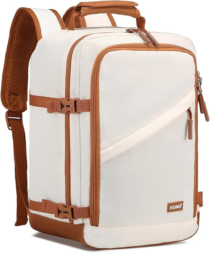 Kono Carry on Backpack, 16" Airplane Approved Under Seat Travel Backpack for Men and Women, Waterproof Lightweight Daypack for Flight 20L, White/Brown