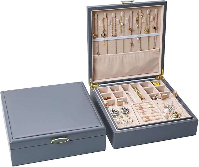 2-layer jewelry box，Jewelry Organizer with Handle，with hanging necklace hooks, detachable jewelry trays, suitable for storing a large amount of jewelry gift box (Large-Grey)