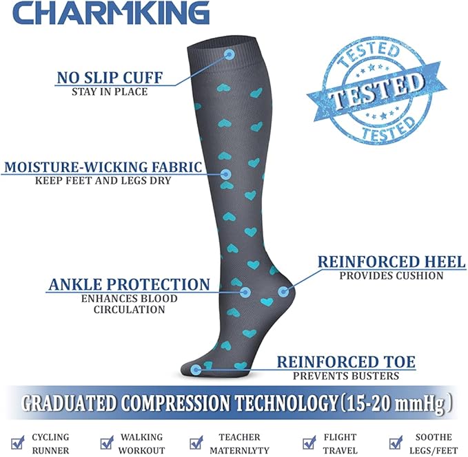 CHARMKING Compression Socks for Women & Men Circulation (3 Pairs) 15-20 mmHg is Best Support for Athletic Running Cycling