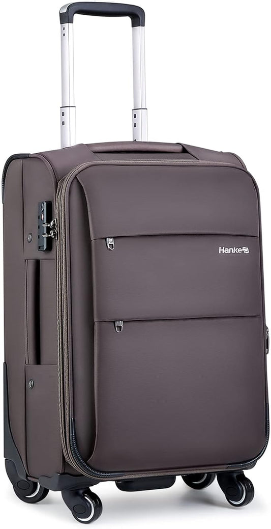 Hanke 20 Inch Expandable Carry On Luggage 22x14x9 Airline Approved Softside Suitcases with Wheels Lightweight Travel Luggage Rolling Suitcase with Lock for Men and Women.(Coffee)