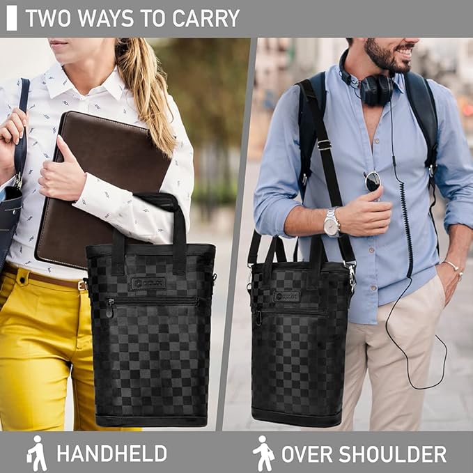 opux Two Bottle Wine Bag Carrier Tote, Insulated Leakproof 2 Bottle Wine Cooler Bag for Travel BYOB Picnic, Portable Wine Case, Gift for Men Women Wine Lover Birthday Party Christmas, Checker Black