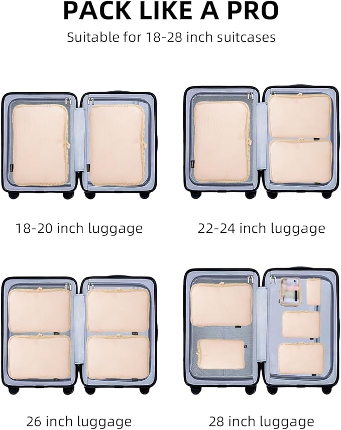 6 Set Compression Packing Cubes for Travel, Large Medium Small Luggage Organizers, Storage Bags for Clothes (6 Pack, Mist Khaki)