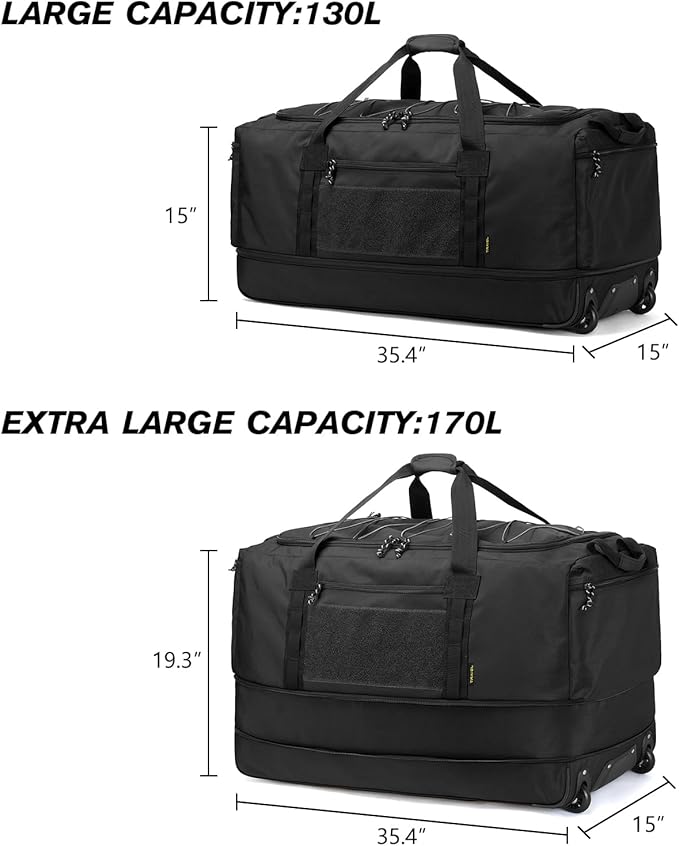 Laripwit Collapsible Duffle Bag with Wheels 130-170L Extra Large Expandable Travel Duffel Bag for Men Women Heavy Duty Military Duffle Bag for Camping Rolling Foldable Carry On Luggage, Black