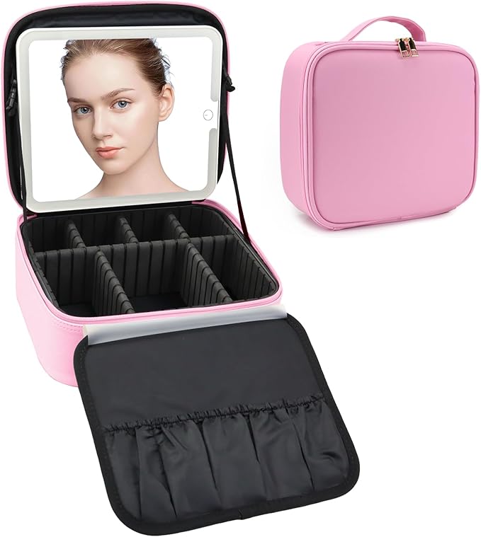Travel Makeup Bag with LED Mirror Travel Makeup Organizer with 3 Lighted Settings, Adjustable Dividers and Makeup Brush Storage Bag Dark Pink