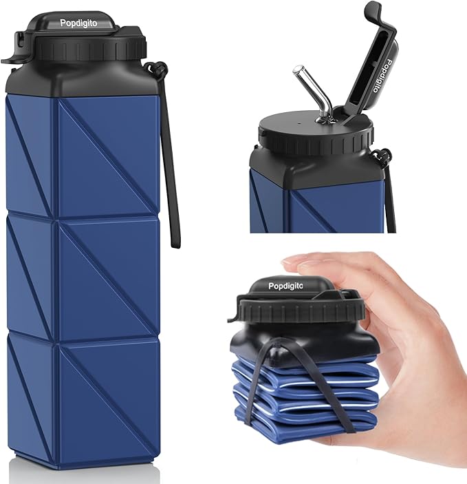 Collapsible Water Bottles 20.6oz Foldable Water Bottle BPA Free Reusable Lightweight LeakProof Travel Silicone Water Bottles for Travel Gym Hiking Camping (Upgrade Dark Blue)