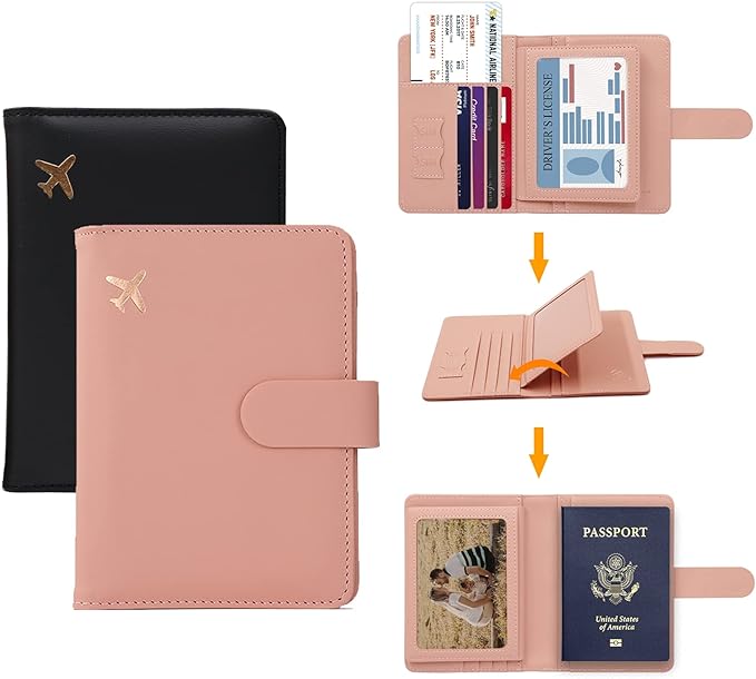 Melsbrinna Rfid Passport Holder for Travel women/Men, Cute Passport Wallet Rfid Blocking Card Slots, Rfid Passport Cover/CaseTravel Wallet, Passport Book Holder (2, Black pink)