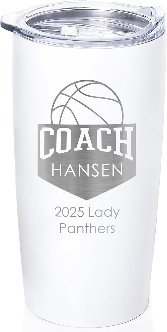 Lifetime Creations Personalized Basketball Coach Tumbler: Custom Basketball Coach Gift, Coaches Coffee Travel Mug from Team, Insulated Engraved Stainless Steel 20 Ounce Cup (White)