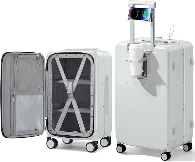 Hanke 28 Inch Luggage with Cup Holder and Charge,Top Opening Hard Shell Suitcases with Wheels and Dividers,Aluminum Frame Trunk Luggage Extra Large Suitcase with Lock for Travel,Smoke White