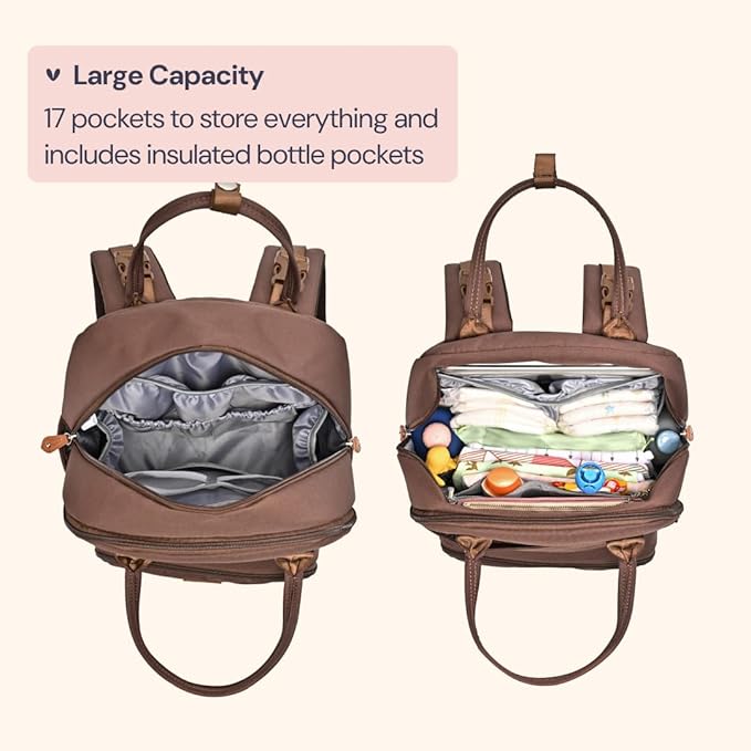 BabbleRoo Diaper Bag Backpack - Baby Essentials Travel Tote - Multi Function Water Resistant Diaper Bag, Travel Essentials Baby Bag with Changing Pad, Stroller Straps & Pacifier Case - Unisex, Brown