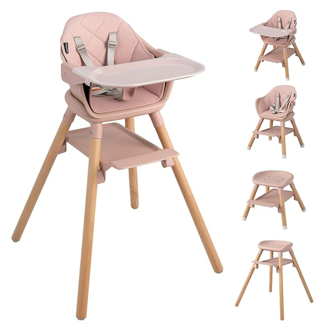 HONEY JOY Baby High Chair, 6 In 1 Convertible Wooden Highchair for Babies and Toddlers/Toddler Chair/Bar Stool, Removable Double Tray & Reversible Footrest, Safety Harness for Infant Boys Girls (Pink)