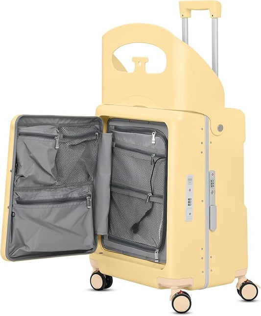 20" Carry-On Luggage with Seat for Kids & Adults, Lightweight Hardside Ride-On Suitcase with Front Opening, TSA Lock, 360° Spinner Wheels (Yellow, 20-inch)
