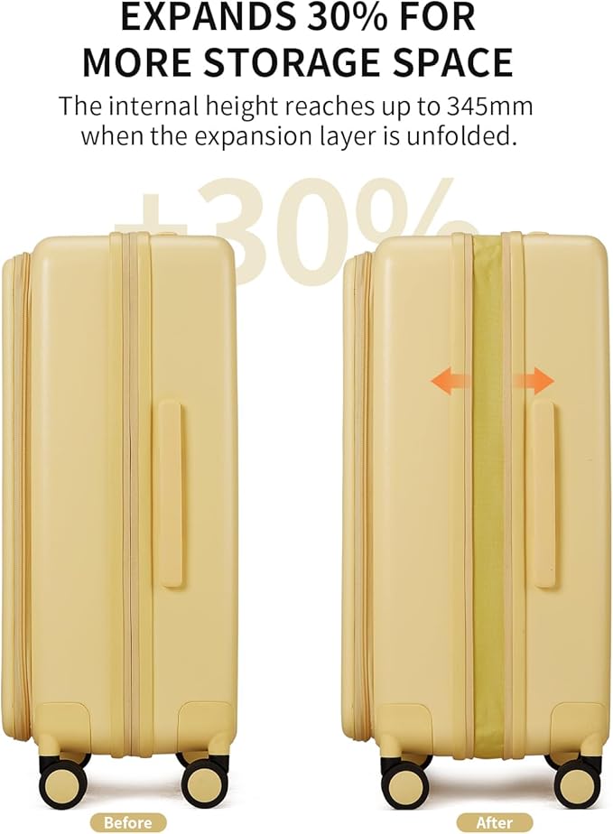 aji Expandable Top Open 24 Inch Checked Luggage with Spinner Wheels, Large Suitcase with TSA Lock, Hardside Travel Luggage Suitcases for Men Women, for 14+Days Travel, Cheese Yellow