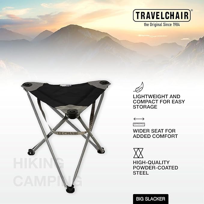 Travel Chair Big Slacker Stool, Portable Tripod Chair for Outdoor Adventures, Quick Folding Fishing Camping Travel Stool, Black & Gray