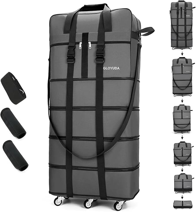 Expandable Foldable Luggage, 42'' Suitcase With Spinner Wheels, Rolling Duffle Bag with Wheels and Handle, Collapsible Luggage, With 2 Handle Wrap and 2 Fixing Straps, 1 Shoulder Strap (Grey)