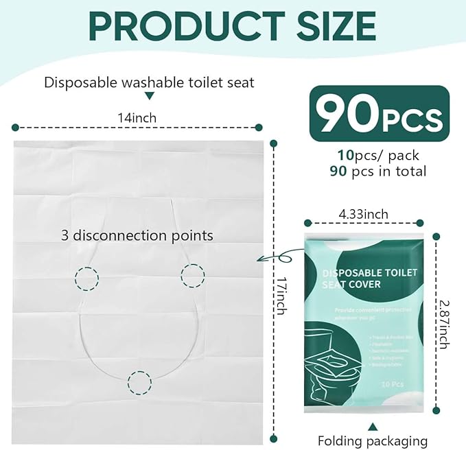 90 Pcs Disposable Flushable Paper Toilet Seat Covers Travel Supplies Essentials for Airplane, Public Restrooms, Bathroom, Hotels, Camping, Kids or Adults