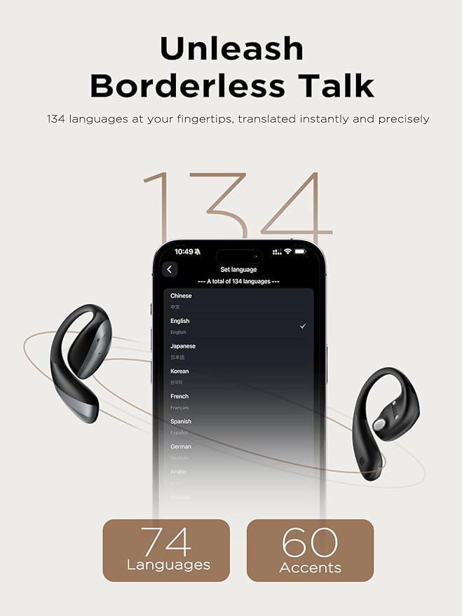 PSIER True Translation Earbuds Real Time Bluetooth 5.4 Open Ear Headphones, 134 Language Translator Earbuds with Mic Clear Call, Audifonos Traductores Inglés Español for Travel Meeting Learning, Black