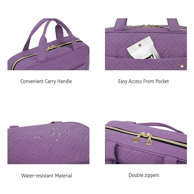 BAGSMART Toiletry Bag Travel Bag with Hanging Hook, Water-resistant Makeup Cosmetic Bag Travel Organizer for Accessories, Shampoo, Full Sized Container, Toiletries (Purple, Large)