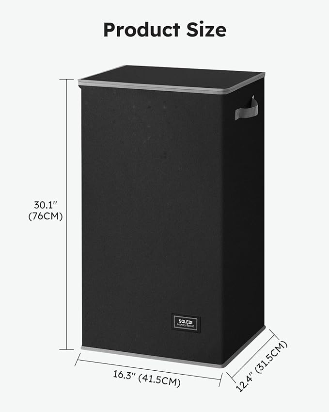 SOLEDI Laundry Hamper Black with Lid and Removable Bag - 100L Large and Tall Laundry Basket Collapsible with Handle for Clothing and Toys Storage - Dirty Clothes Hamper for Bedroom, bathroom, dorm