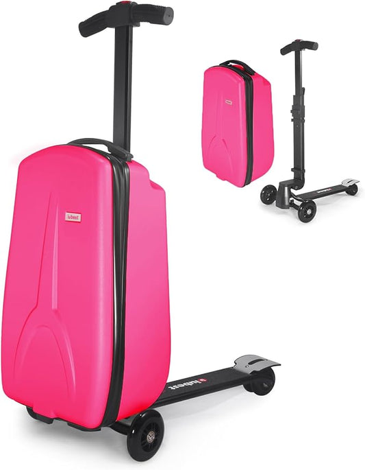 iubest Scooter Luggage Carry On Scooter Suitcase for Kids Age 4-15, Detachable & Foldable 4 in 1 Kids Suitcase, Multifunctional Ride On Travel Trolley Scooter Combo-Rose Pink