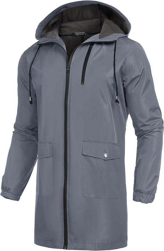 COOFANDY Men's Long Raincoat Ligtweight Rain Jacket Waterproof Outdoor Jackets with Hood