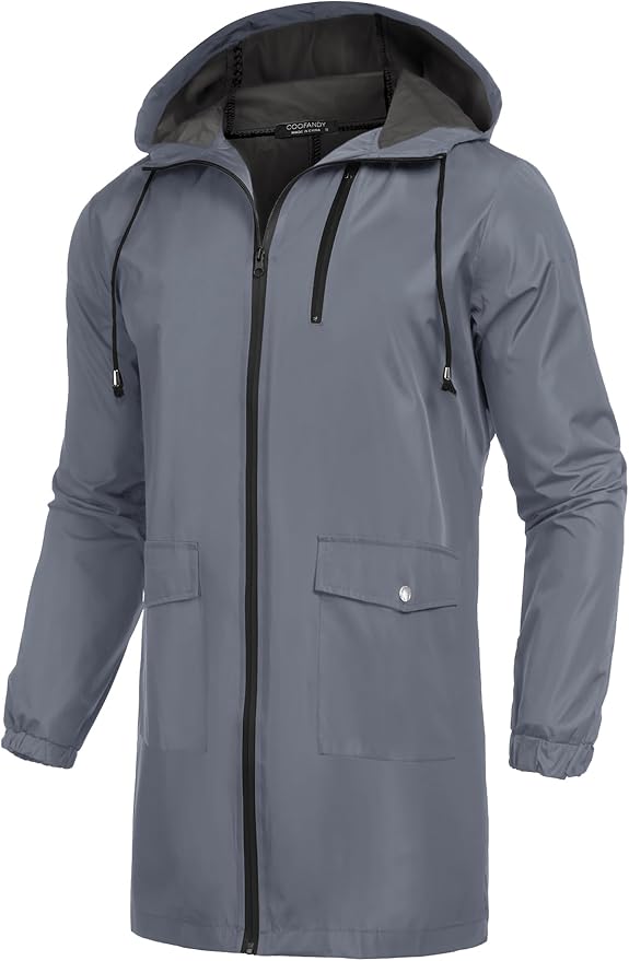 COOFANDY Men's Long Raincoat Ligtweight Rain Jacket Waterproof Outdoor Jackets with Hood