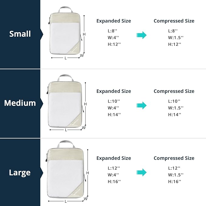 Compression Packing Cubes 3 Set, Compressible Space-Saving Packing Cubes for Travel - Compression Bags, Luggage Organizer, Travel Essentials for Women, Beige