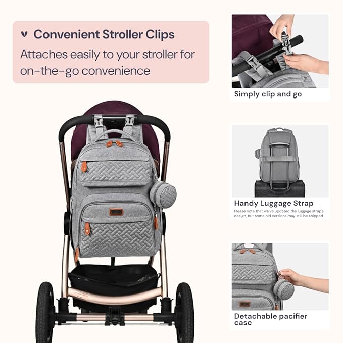 BabbleRoo Diaper Bag Backpack, Travel Backpack with Changing Pad, Pacifier Case & Stroller Straps, Multifunction, Waterproof, Unisex – Light Gray