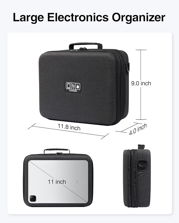 Luxtude Electronic Organizer Travel Case Large, Hard Case for Electronics, EVA Tech Organizers, Travel Cable Bag with Shoulder Strap, Charger Organizers Carrying Cases for iPad(Up to 11’’)
