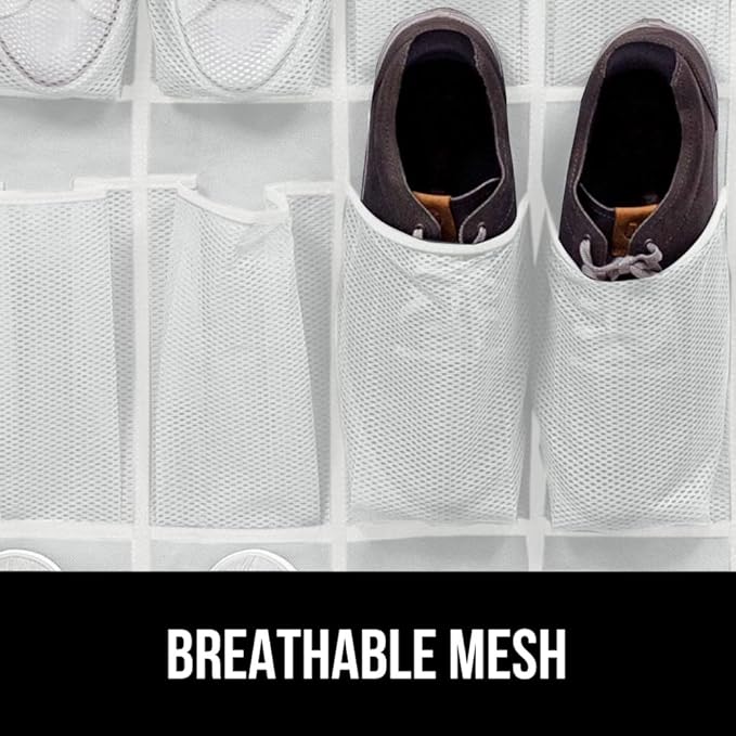 GORILLA GRIP Over the Door Shoe Organizer, 35 Large Breathable Mesh Pockets, Space Saving Hanging Storage Holder, 5 Hook Closet Rack Hanger, Hangs on Closets for Shoes, Accessories 68.5H x 24.5W White