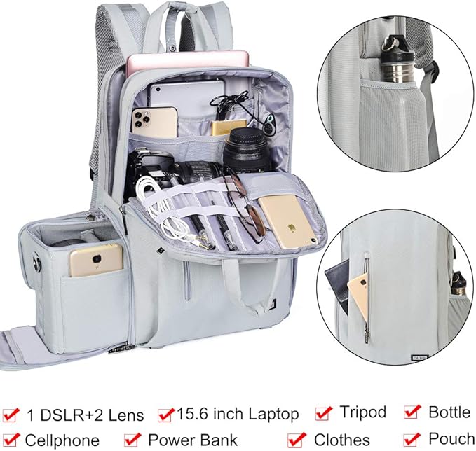 CADeN Camera Backpack w/ 15.6" Laptop Compartment, USB Charge Port, Tripod Holder, Rain Cover Compatible for Sony Canon Nikon