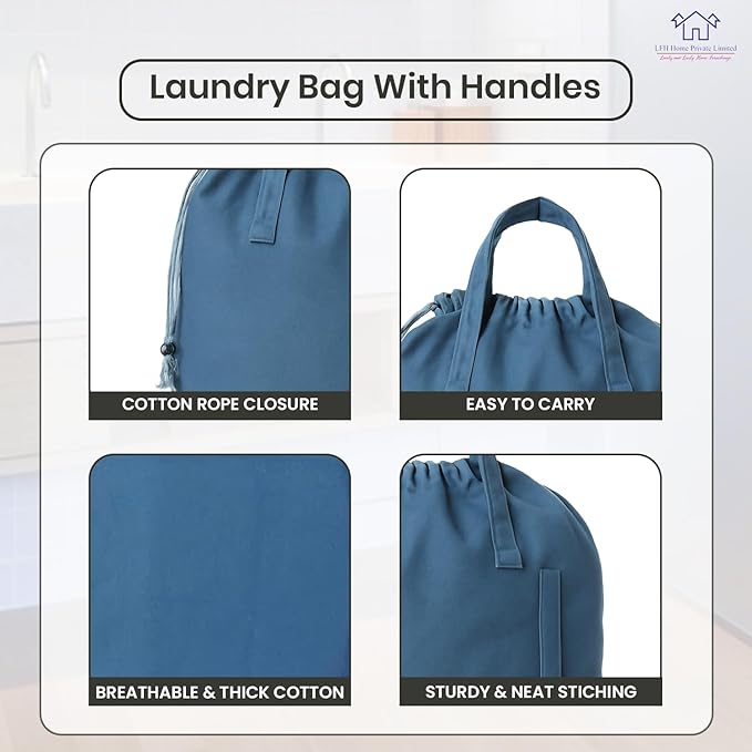 LFH Home Cotton Canvas Large Laundry Bag with Handle, Heavy Duty Drawstring Closure Washable Laundry Bags, School Travel, Home, Hotel, College Dorm, Organizer Sack, Toys Clothes 20x30-Sky Blue