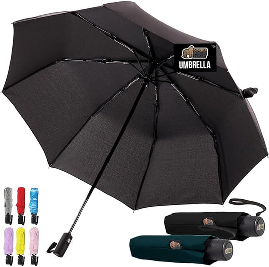 GORILLA GRIP Strong Stick Umbrella for Rain, Compact Travel One-Click Automatic Open Close, Lightweight Portable US Designed Reinforced Fiberglass Ribs, Wind Resistant Easy Collapse Black Green 2 Pack