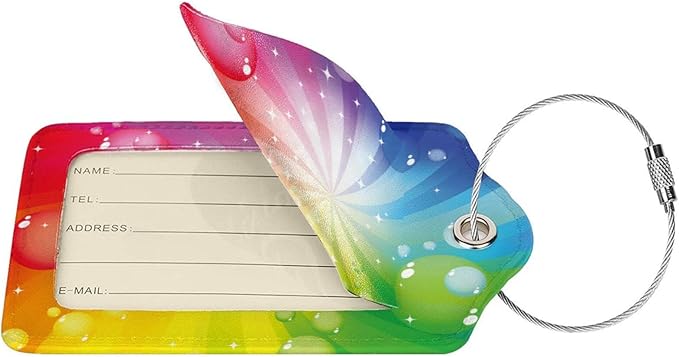 Pretty Colorful Rainbow Luggage Tags for Suitcases Women Girls Kids Adults, 2 Pack Leather Tags for Baggage Travel Backpack Bag, Identifiers Labels with Privacy Cover Name ID Card Stainless Steel Loop
