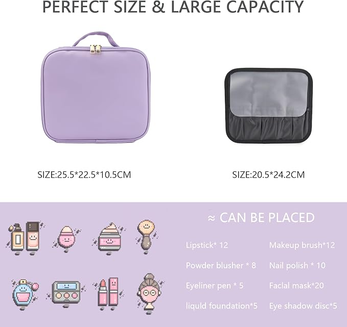 Makeup Bag with Led Mirror,Travel Makeup Organizer with 3 Color Setting & 10X Magnifying Mirror, Portable Storage and Adjustable Dividers Travel Makeup Bag-Purple