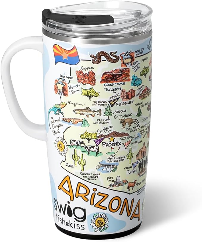 Swig Life 22oz Travel Mug, Insulated Tumbler with Handle and Lid, Travel Coffee Mug, Cup Holder Friendly, Stainless Steel 22 oz Tumbler, Reusable Insulated with Lid (Arizona)