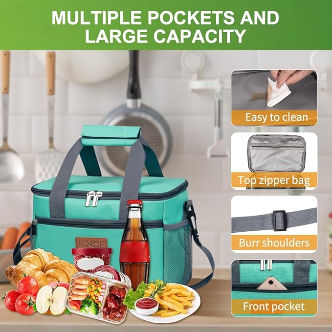 iknoe Large Foldable Cooler Bag, 8.5L Insulated Lunch Bag, Leakproof Lunch Cooler Tote with Multi-Bag Design Suitable for Beach, Picnic and Office Use,Mint Green 15-Can