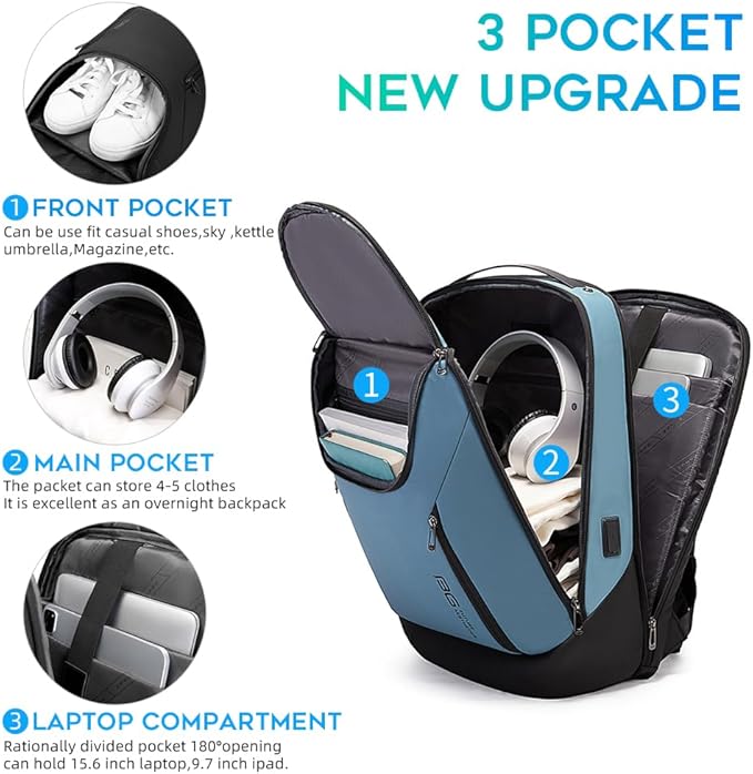 BANGE Business Smart Backpack Waterproof fit 15.6 Inch Laptop Backpack with USB Charging Port,Travel Durable Backpack (Light Blue(three Pocket), Medium)