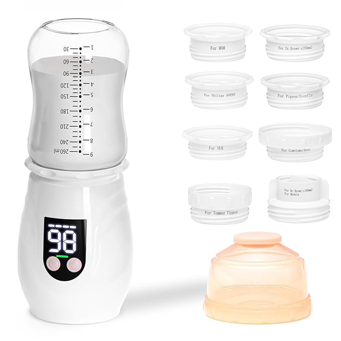 Portable Cordless Baby Bottle Warmer for Travel, Rechargeable with 8 Adapters & 1 Milk Powder Container, Safe Material, Fast Heating, Compatible with Major Brands,White