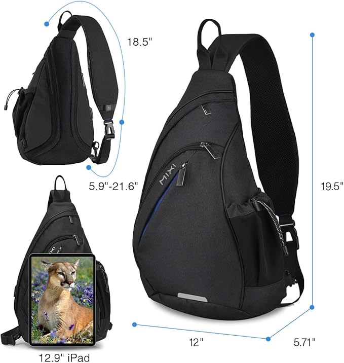 mixi Sling Bag Men Backpack Unisex One Shoulder Bag Hiking Travel Backpack Crossbody with USB Port for Men Women Versatile Casual Daypack-20 inch,Black