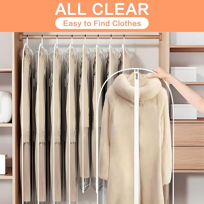 Garment Bags for Closet Storage (set of 12) Wedding Dress Garment Bag Clothes Bags for Storage Plastic Waterproof Dress Cover with Zipper for Dresses, Coats, Uniforms, Long Coats, Trench 24'' x 60''