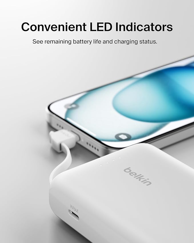 Belkin Portable Charger, Power Bank with Integrated Cable 10000 mAh 20W - Fast Charge USB C Power Delivery, iPhone Charger - iPhone 16 Series, iPad Pro, Galaxy S25, & More - White