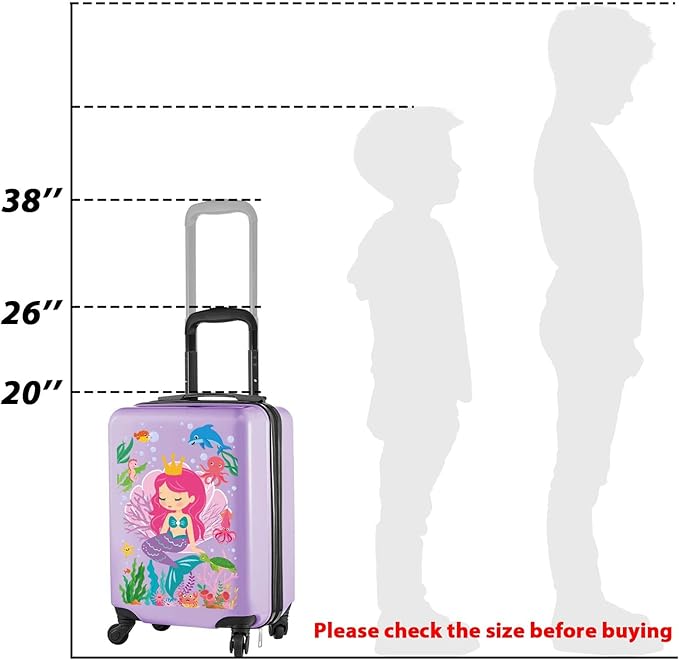 Sanwuta 4 Pcs Kids Luggage Set Kids Backpack Travel Rolling Suitcase with Wheels U-shape Pillow Childrens Gift for Girls Boys(20 Inch,Mermaid Style,Purple)