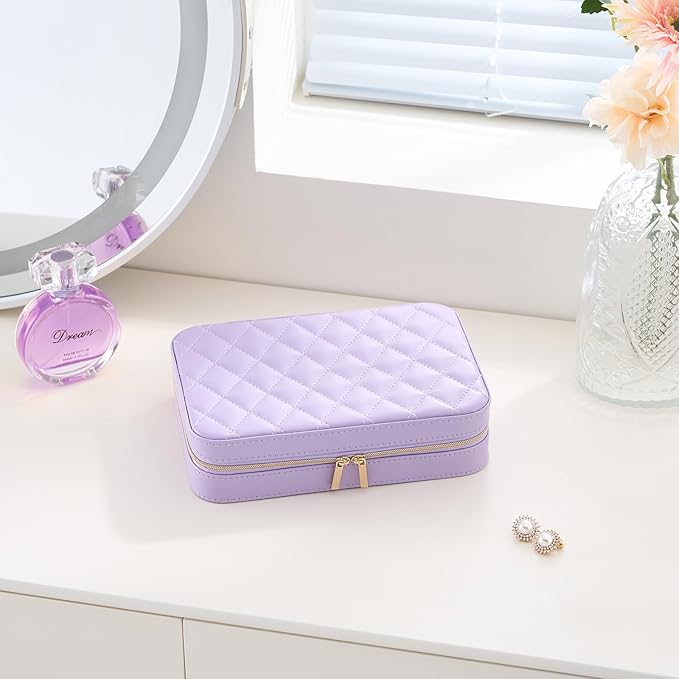Lolalet Travel Jewelry Case for Women, Travel Jewelry Organizer Box with Mirror & Clear Storage Bag, Small Portable Traveling Earring Necklace Bracelet Ring Case, Bridesmaid Gifts -Medium, Purple