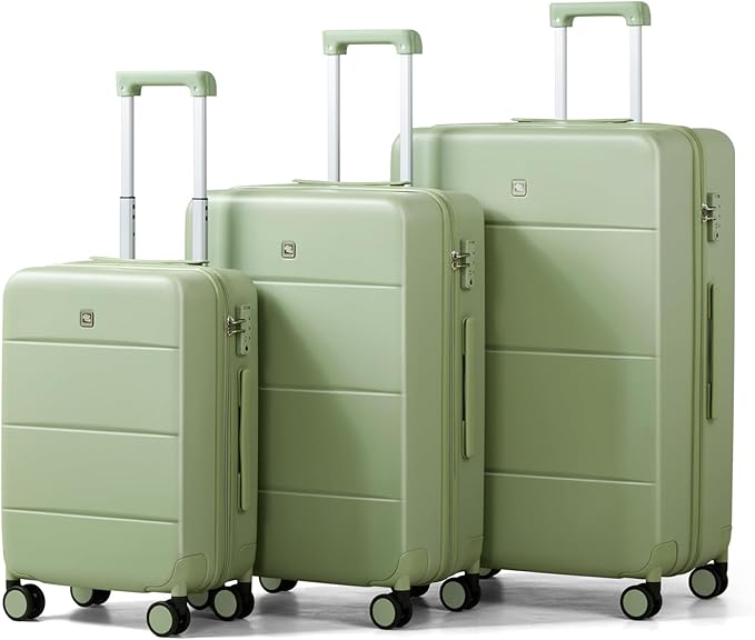 Hanke 3 Piece Luggage Sets with Spinner Wheels, Carry On Luggage Lightweight PC Hard Shell Suitcases TSA Luggage Rolling Checked Bag 20/24/28 Inch (Bamboo Green)