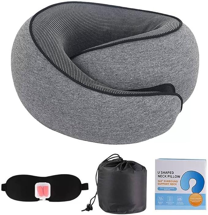 Travel Pillow, Travel Neck Pillow, 360 Degree Comfort and Breathability, Airplane Travel Neck Pillow, Stowable U-Shaped Pillow (Grey)